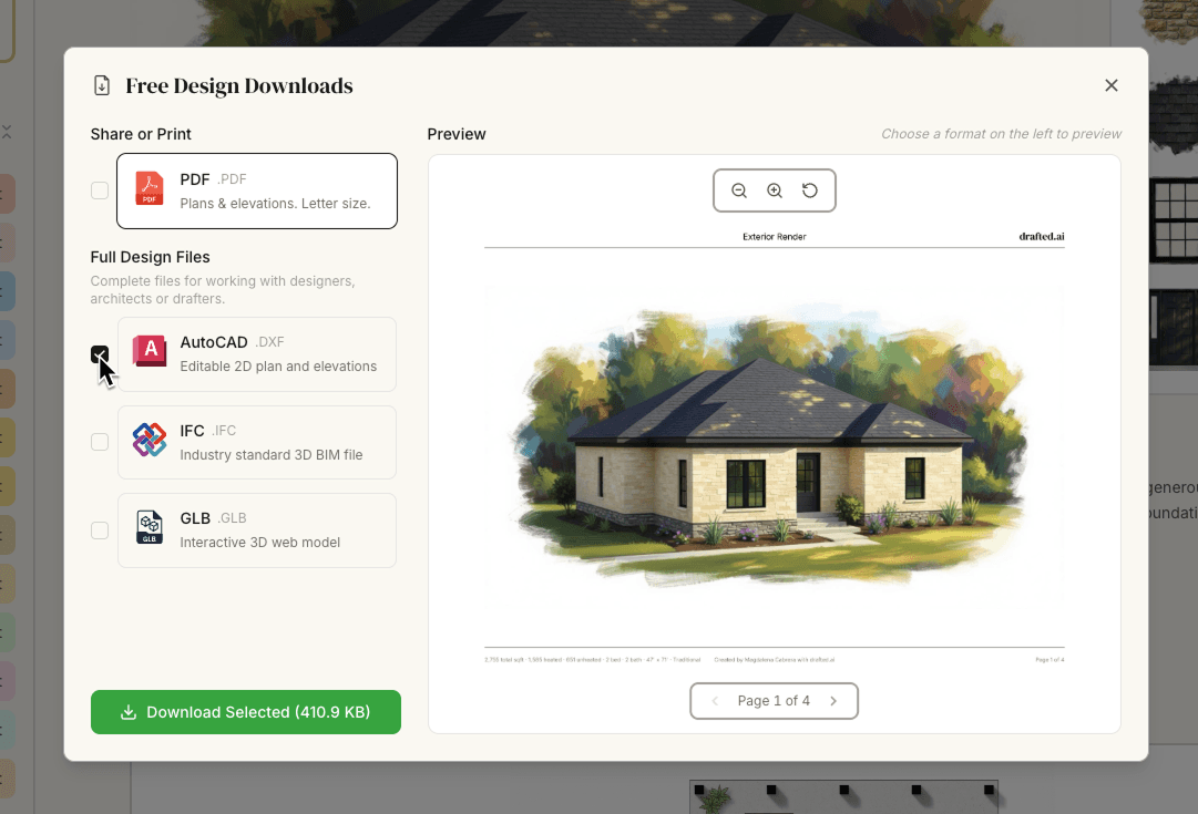 Drafted free design downloads modal with the AutoCAD DXF export selected