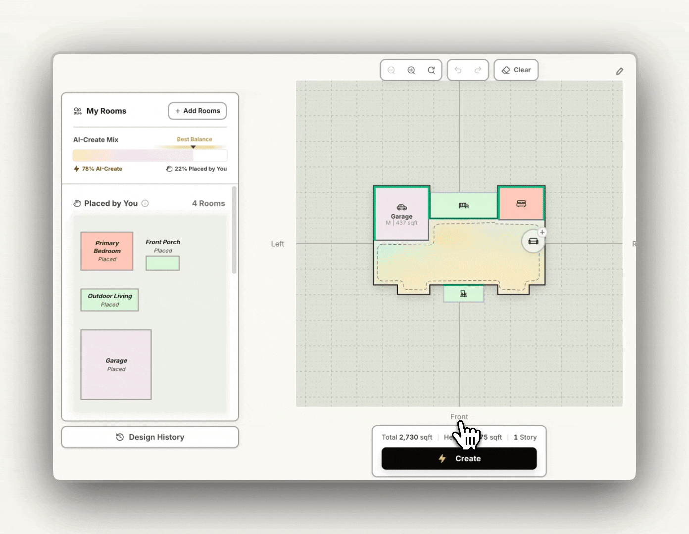 The user erases part of a generated floor plan, then regenerates the layout to quickly refine the house plan on an interactive canvas