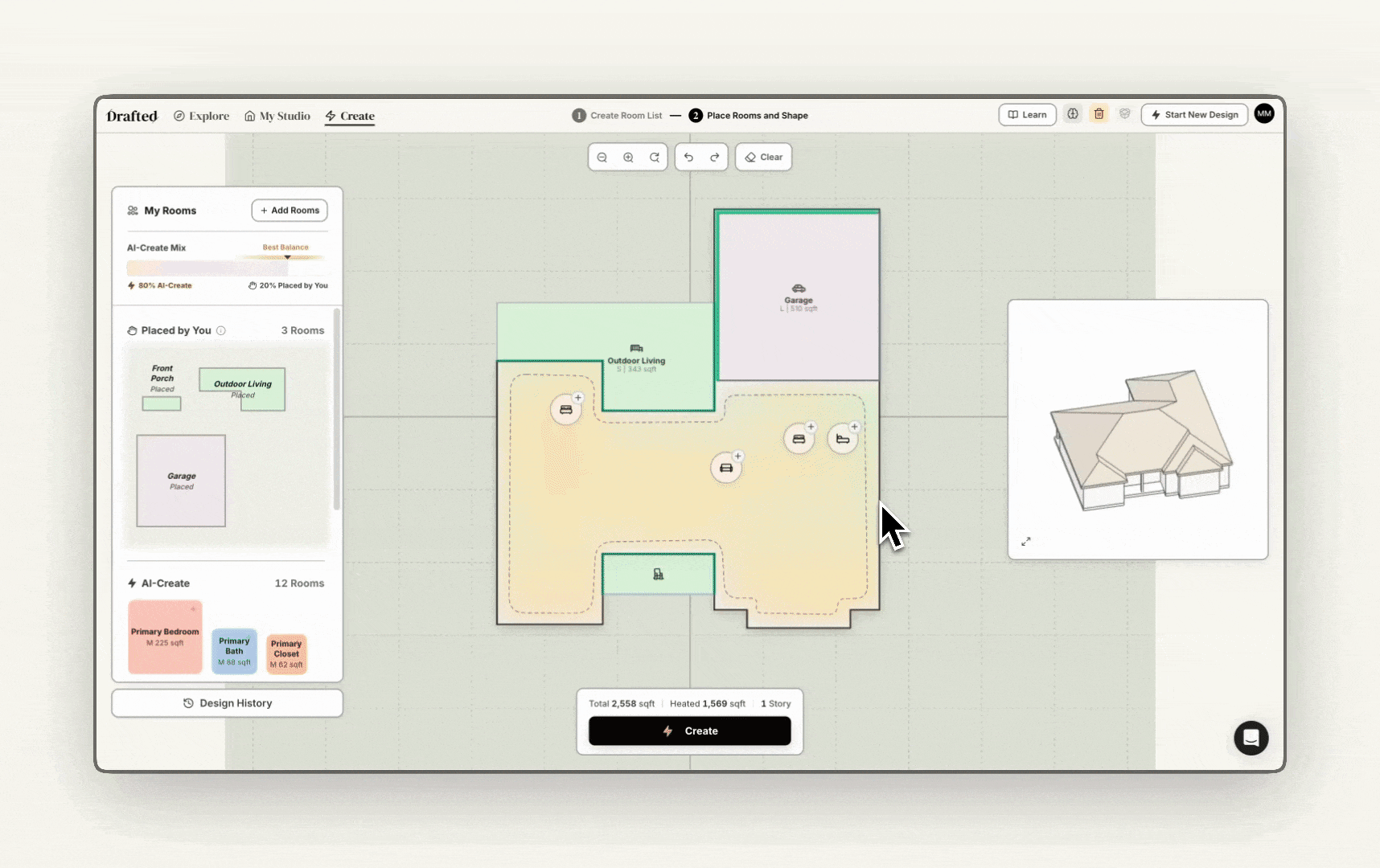 The user clicks on the floor plan shape on the canvas, then uses grab bars to change the shape. The changes are reflected in a 3D preview of the house shape.