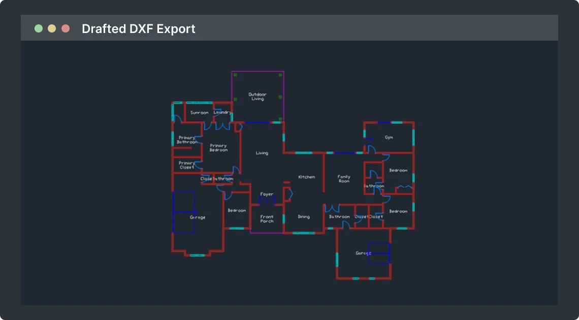 Drafted DXF export preview showing a residential floor plan in a CAD-style workspace.