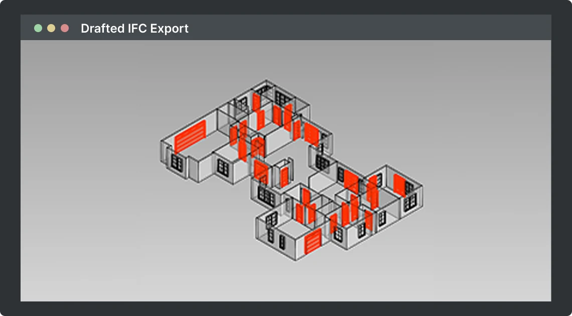Drafted IFC export preview with a structured residential model.